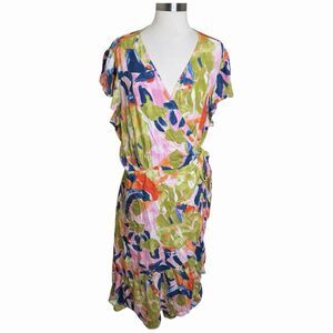 ModCloth Wrap Dress Womens 2X Colorful Abstract Print Midi Ruffle Cap Sleeves